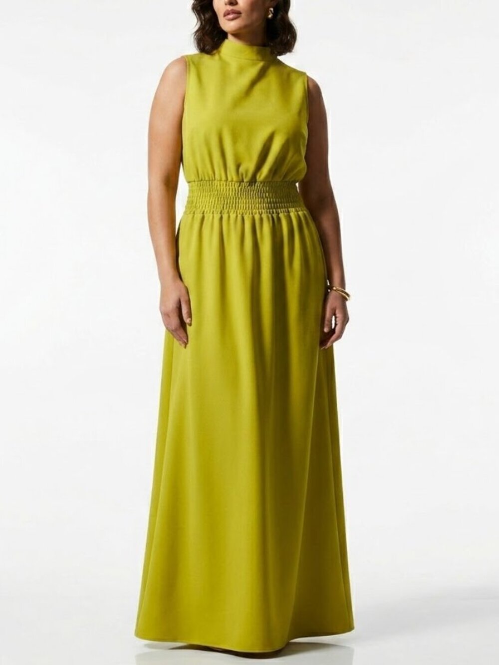 SENYI Chartreuse Brat Summer Mock Neck Pleated Maxi Dress Size XXL NWT